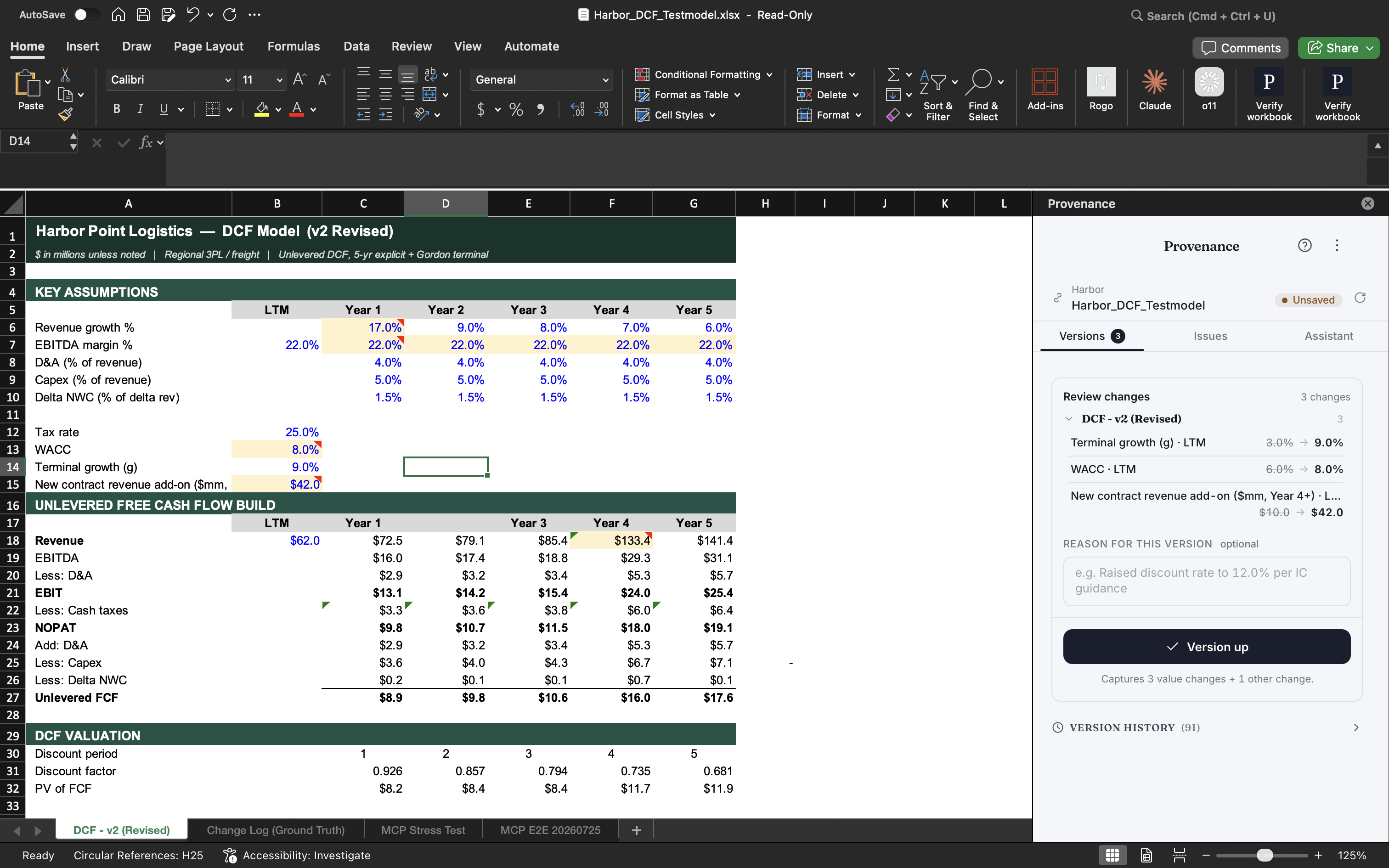 The Provenance task pane open beside a DCF model in Excel, listing three changed assumptions with their before and after values, ready to version up