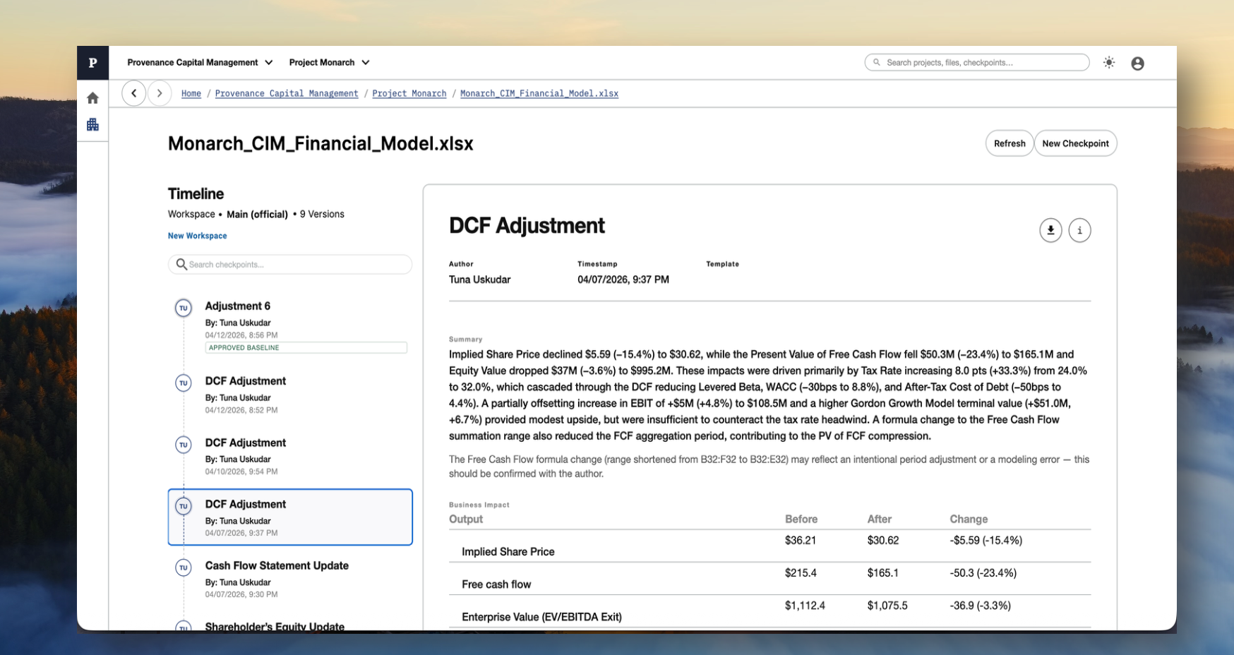 Provenance dashboard showing change summary with business impact analysis
