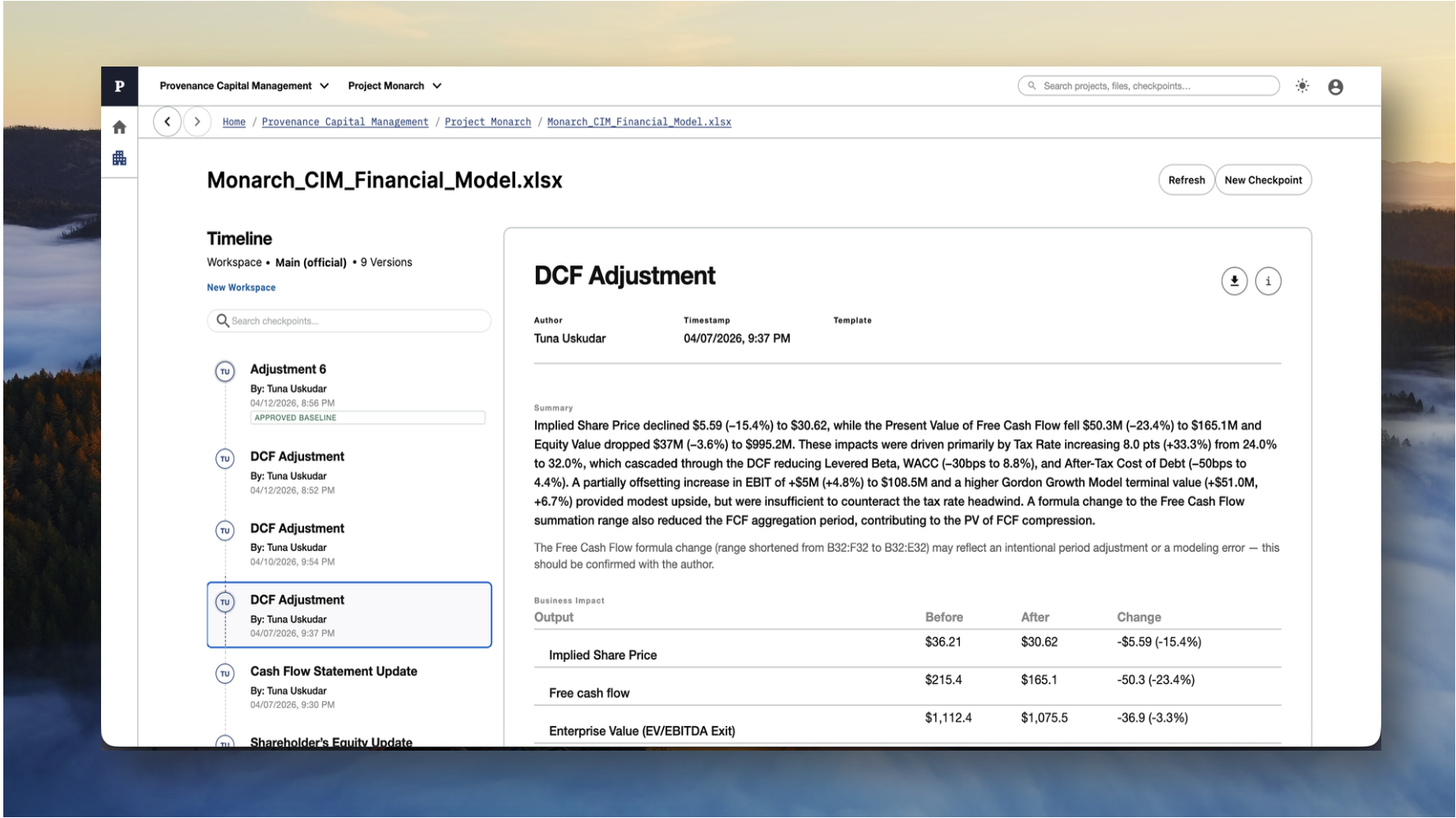 Provenance AI-generated change summary with business impact metrics