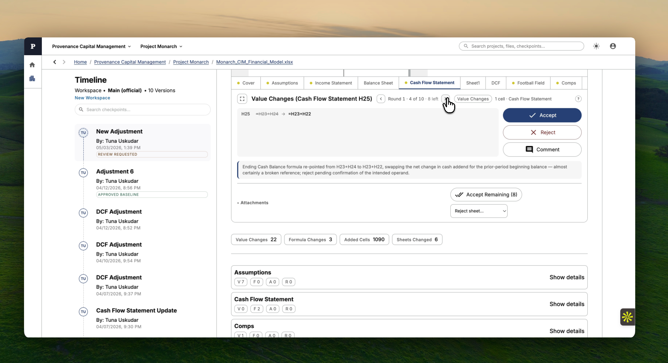 Provenance review interface with accept, reject, and comment actions for model changes